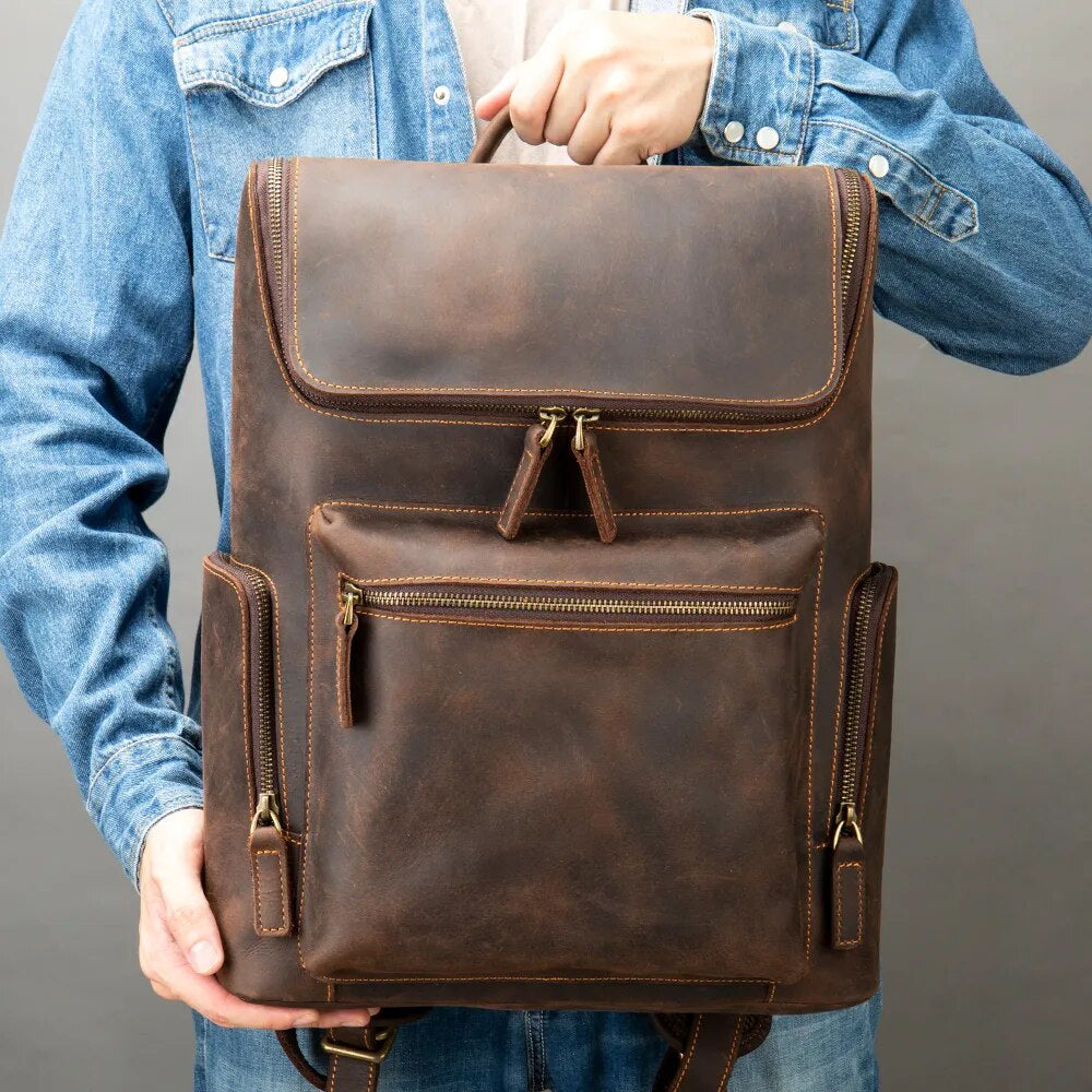 Crazy Horse Leather Laptop Backpack for Women and Men College Bag Student Work Bag Vintage Travel Business Daypack New 2258